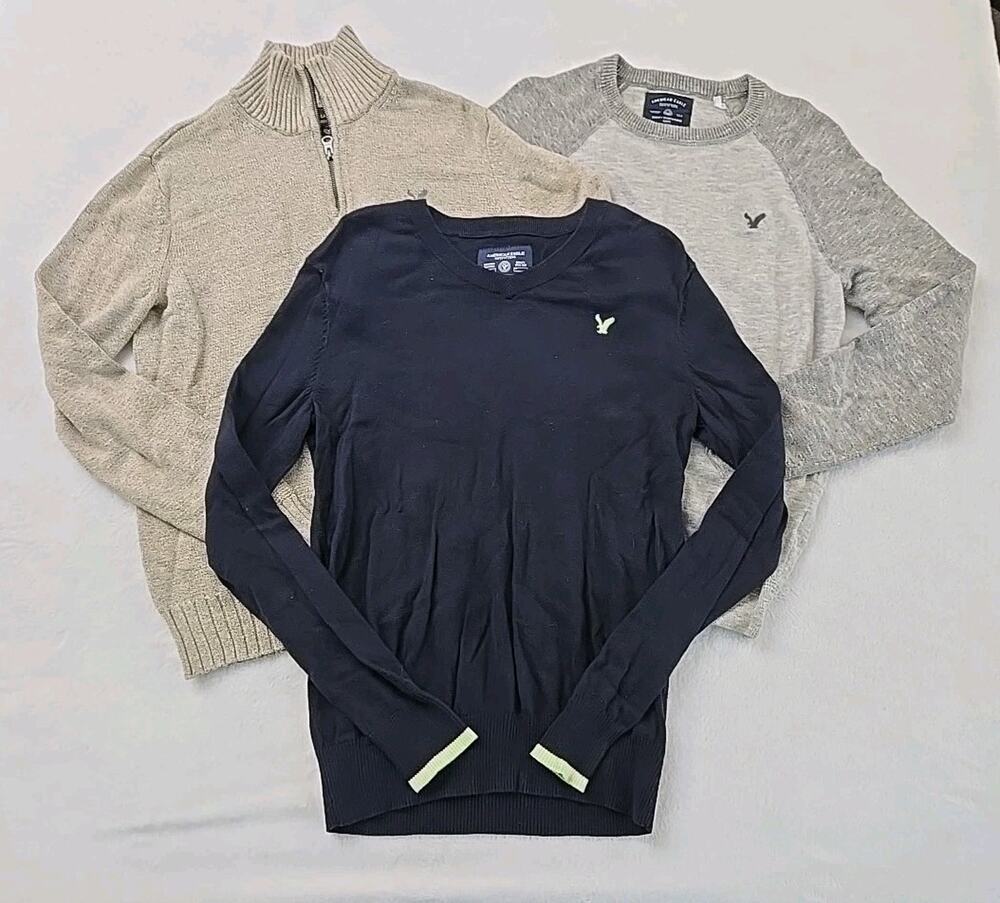 American Eagle 2015 Lot Of 3 Mock Crew Vneck Sweater Mens Sz Sm Y2K Preppy Indie